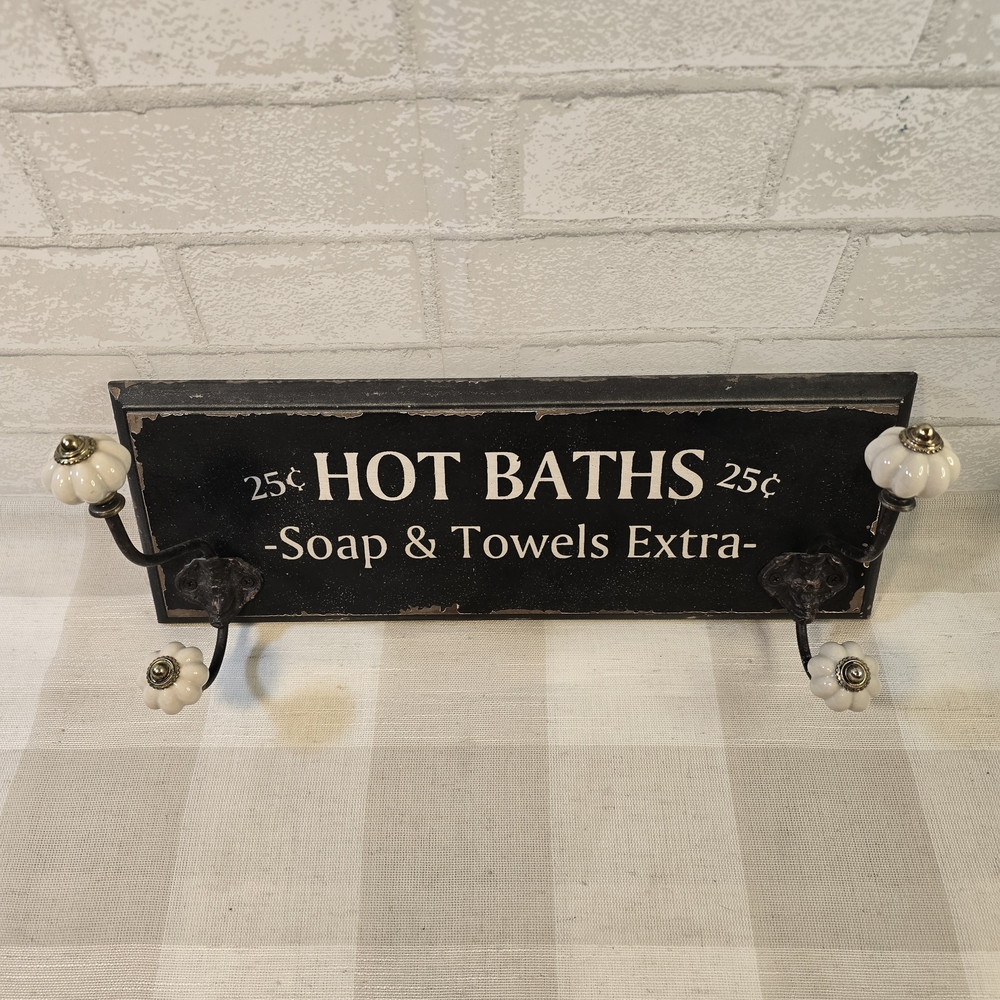 Wood Bathroom Towel Holder 4 Ceramic Hooks Hot Baths 25 Cents Soap Faux Antique - Picture 3 of 7